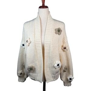 Duchamp Cream Chunky Knit‎ Cardigan 3D Flower Applique Cozy Boho Artsy Womens